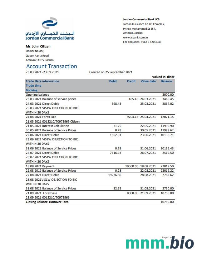 Szablon wyciągu bankowego Jordan Cairo Amman, format Excel i PDF